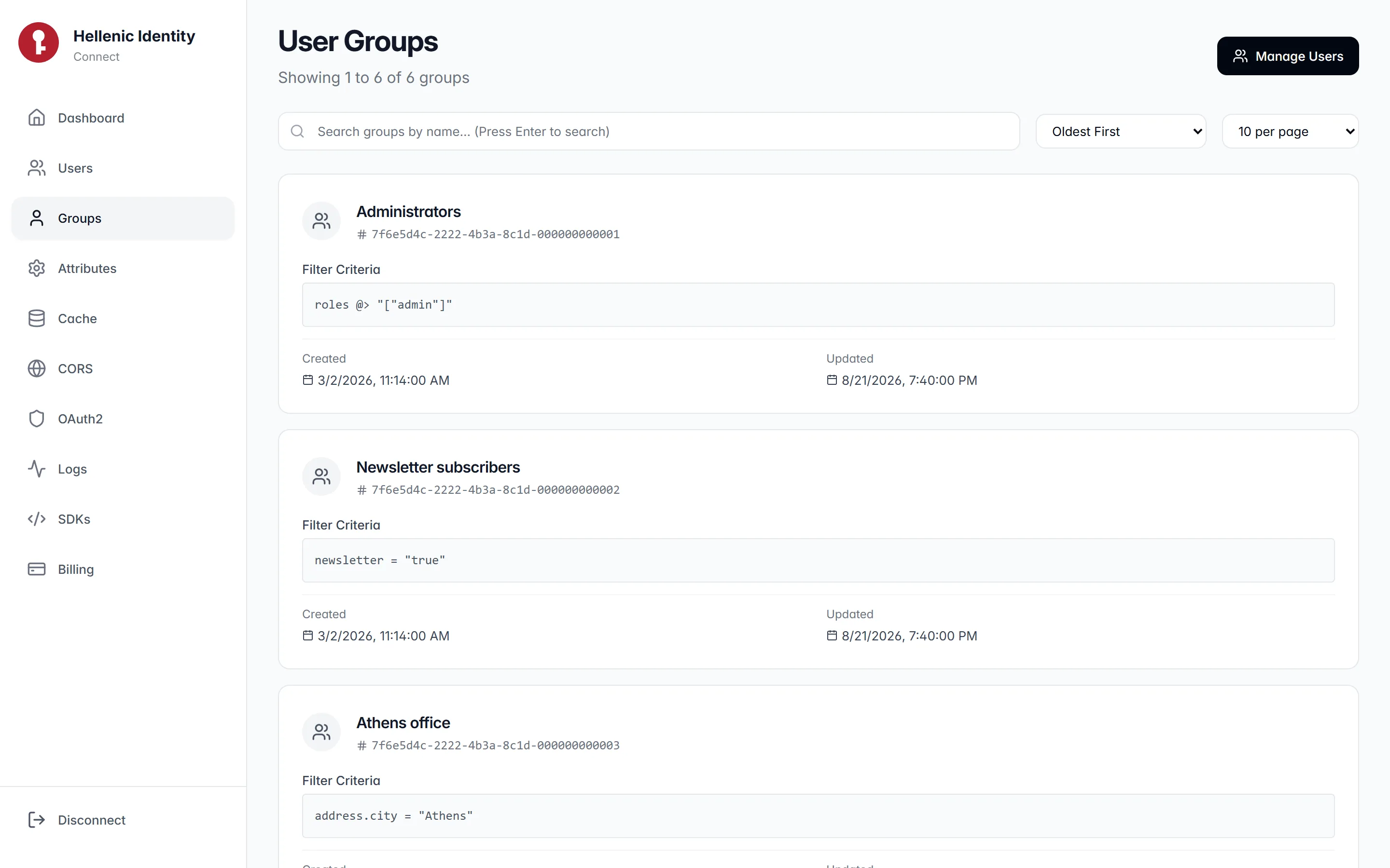 The Groups page of the admin panel: filter-based user groups with their terms.