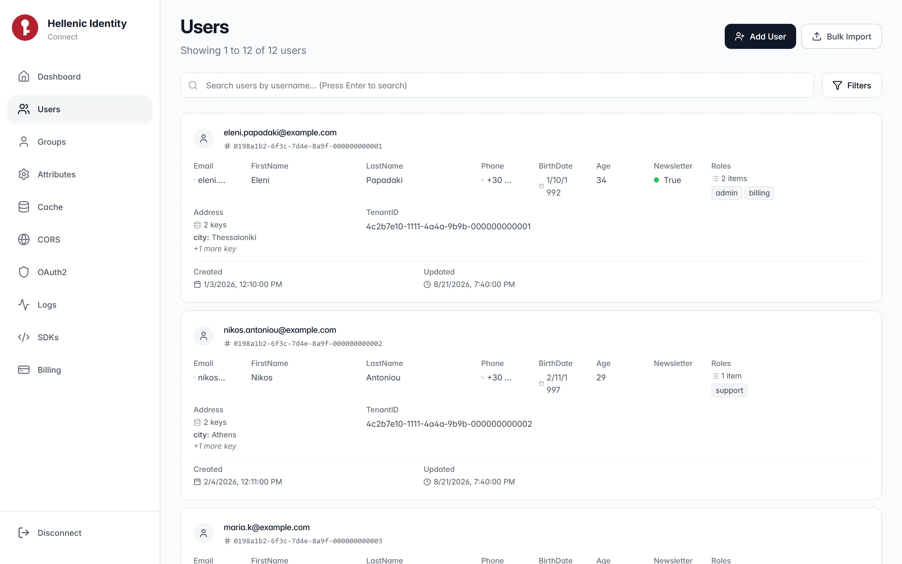 The Users page of the admin panel: a list of user records with their custom attributes, a search box and bulk actions.